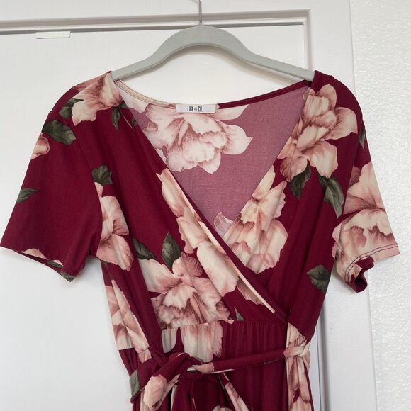 Lux & Co Floral Jersey Knit Wrap Maxi Dress in Burgundy, V-Neck, Short Sleeve, S - Picture 2 of 7